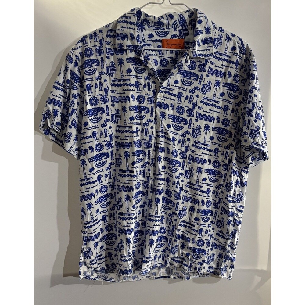 Imperio Men's M Blue White Tropical Graphic Short Sleeve Shirt